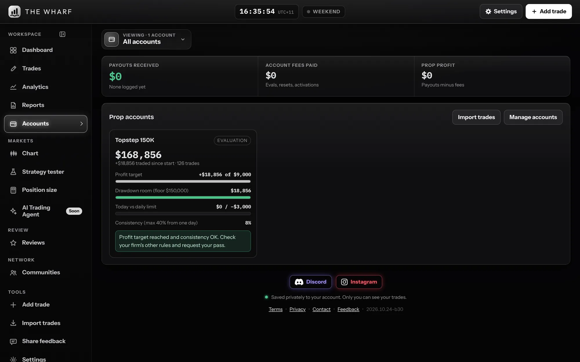 The Wharf prop accounts screen