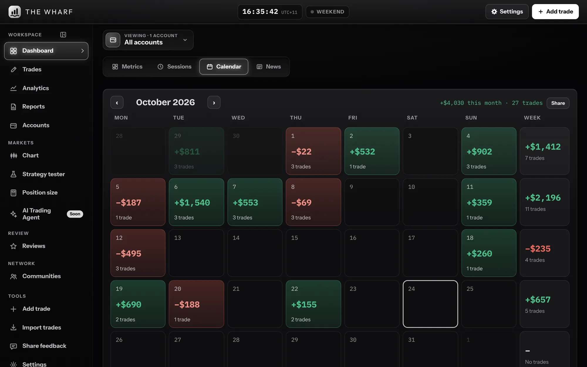 The Wharf calendar screen